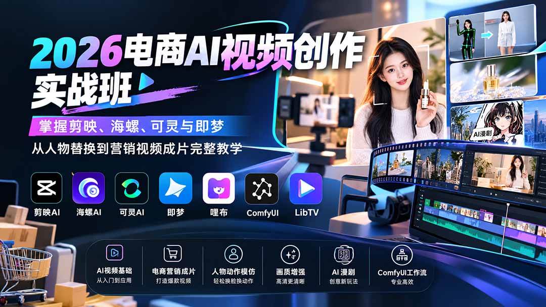 (20466期)2026电商AI视频创作实战班:掌握剪映、海螺、可灵与即梦,从人物替换到营销视频成片完整教学-优优云网创
