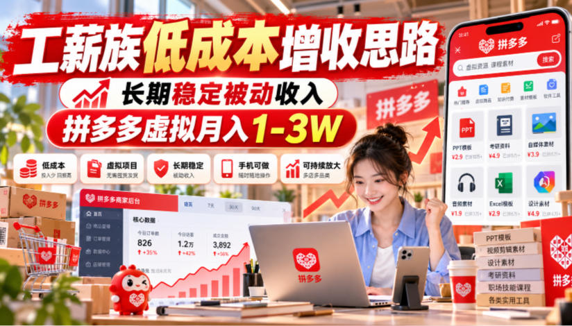 工薪族低成本增收思路，长期稳定被动收入，拼多多虚拟月入1-3W-优优云网创