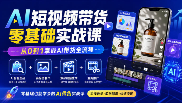 AI短视频带货零基础实战课｜AI智能选品+商品图制作+爆款视频生成+混剪推广，从0到1掌握AI带货全流程-优优云网创