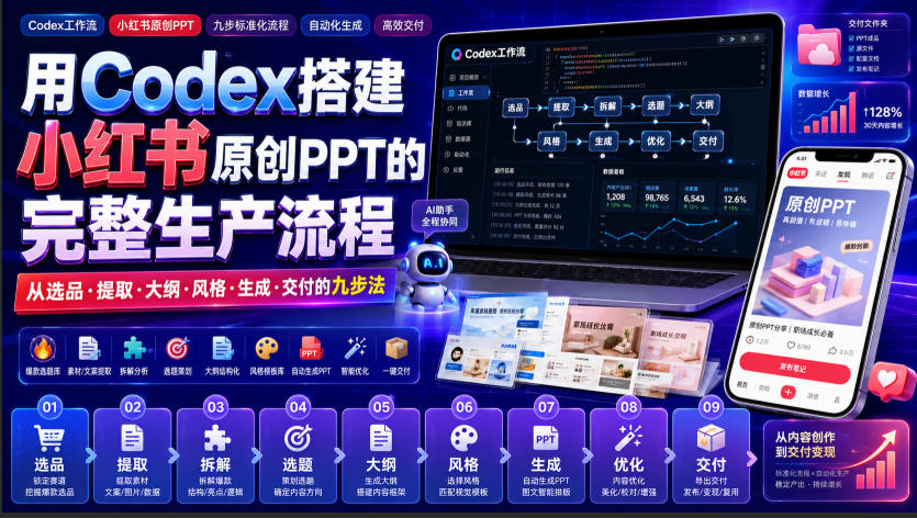 用Codex搭建小红书原创PPT的完整生产流程，从选品·提取·大纲·风格·生成·交付的九步法-优优云网创