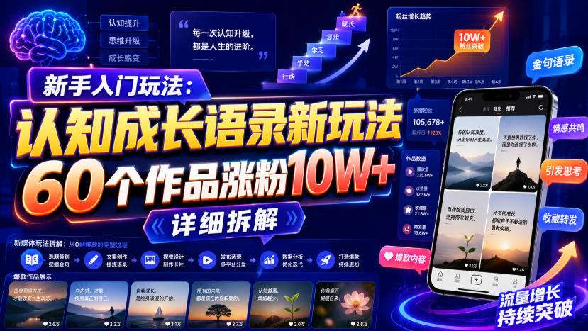 新手入门玩法：认知成长语录新玩法，60个作品涨粉10W+，详细拆解-优优云网创