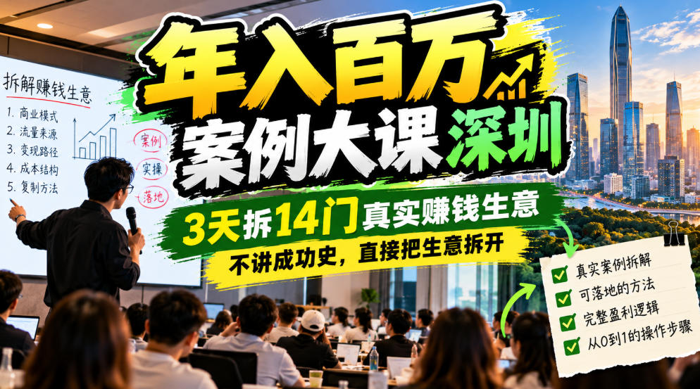年入百W案例大课深圳，3天拆14门真实賺钱生意，不讲成功史，直接把生意拆开-优优云网创