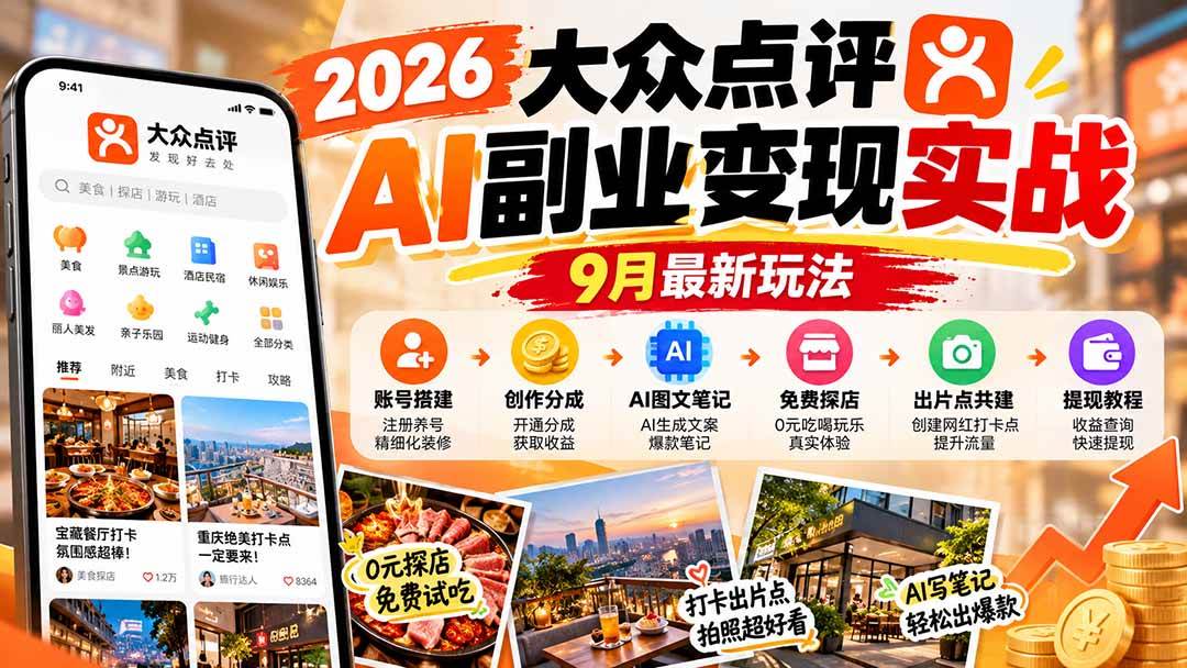 （20873期）2026大众点评AI副业变现实战9月最新玩法：账号搭建+创作分成+AI图文笔记+免费探店+出片点共建与提现教程-优优云网创