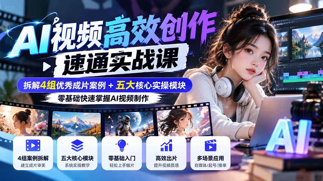 （20819期）【无水印】AI视频高效创作速通实战课：拆解4组优秀成片案例+五大核心实操模块，零基础快速掌握AI视频制作-优优云网创