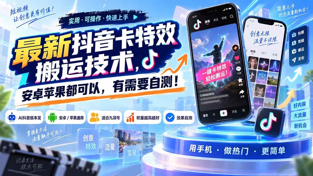 （20606期）最新抖音卡特效搬运技术，安卓苹果都可以，有需要自测！-优优云网创