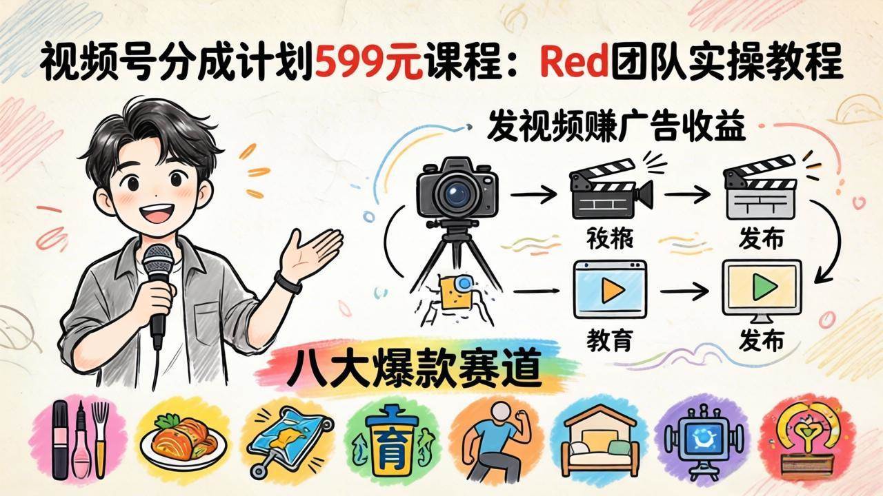 （18088期）视频号分成计划599元课程：Red团队实操教程，发视频赚广告收益，八大爆款赛道全掌握-优优云网创