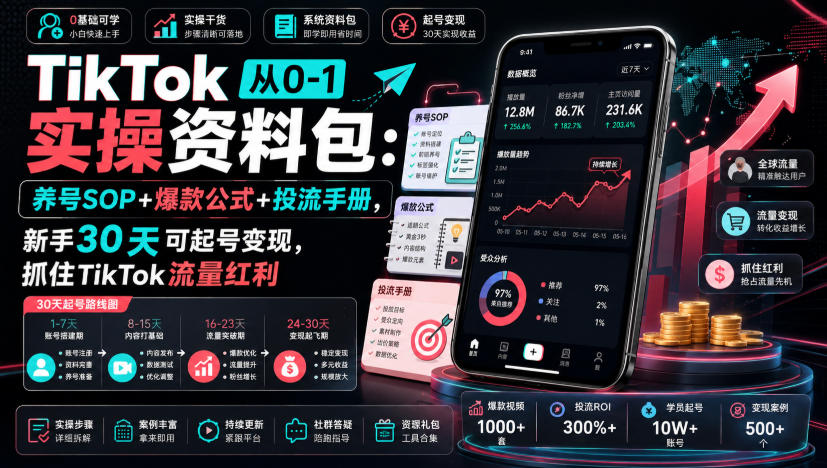TikTok从0-1实操资料包：养号SOP+爆款公式+投流手册，新手30天可起号变现，抓住TikTok流量红利-优优云网创