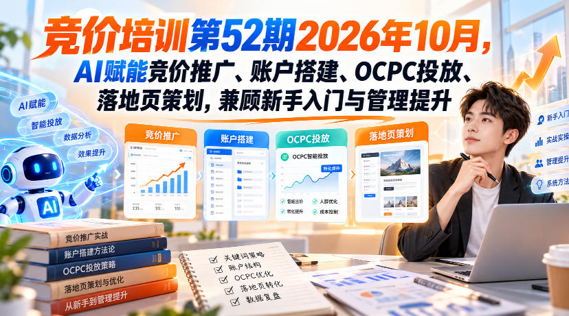 【无水印】竞价培训第52期2026年10月，AI赋能竞价推广、账户搭建、OCPC投放、落地页策划，兼顾新手入门与管理提升-优优云网创