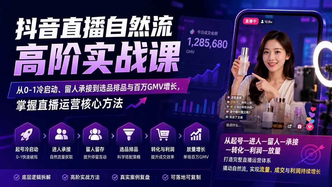 （20058期）抖音直播自然流高阶实战课：从0-1冷启动、留人承接到选品排品与百万GMV增长，掌握直播运营核心方法-优优云网创