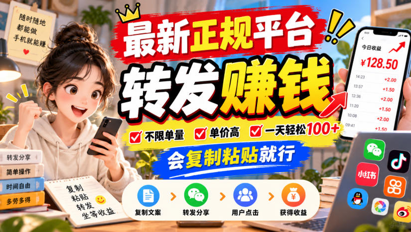 最新正规平台，转发賺钱，不限单量，单价高，一天轻松100+，会复制粘贴就行【揭秘】-优优云网创