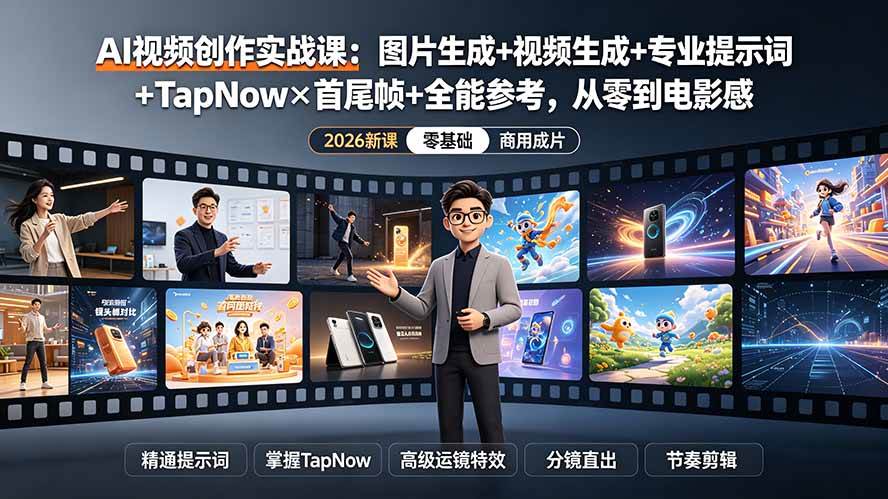 (19383期)AI视频创作实战课:图片生成+视频生成+专业提示词+TapNow×首尾帧+全能参考,从零到电影感成片-优优云网创
