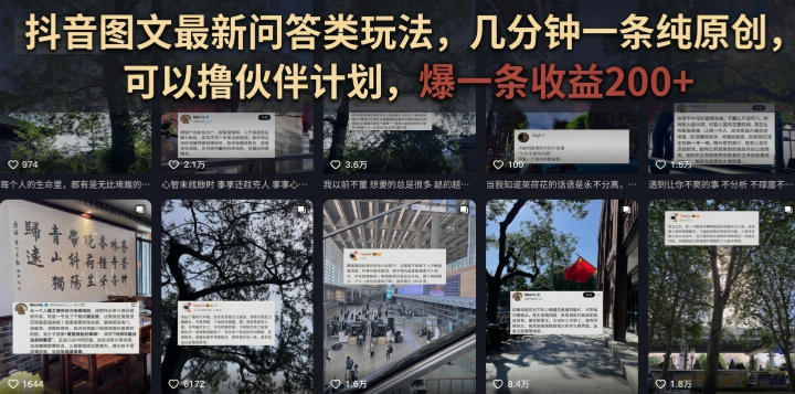 抖音图文最新问答类玩法，几分钟一条纯原创，可以撸伙伴计划，爆一条收益200+-优优云网创