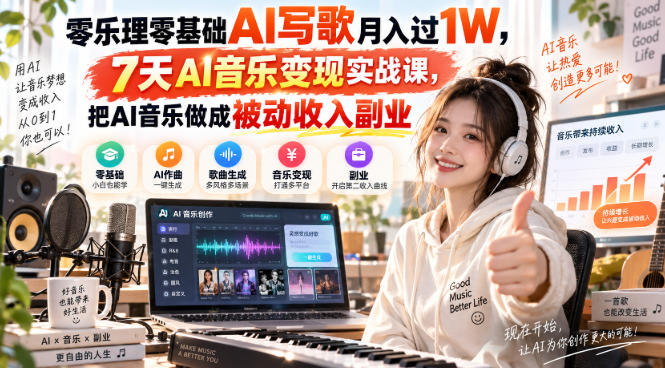零乐理零基础AI写歌月入过1W，7天AI音乐变现实战课，把AI音乐做成被动收入副业-优优云网创