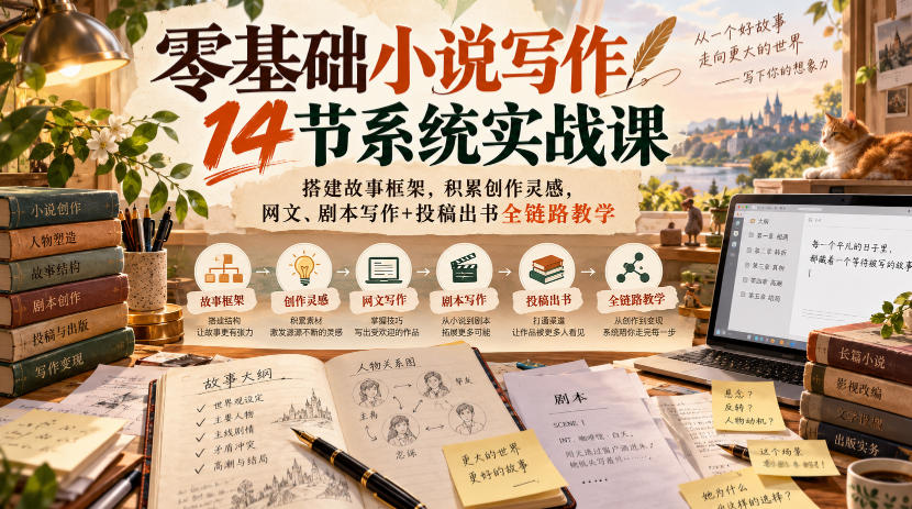 零基础小说写作14节系统实战课，搭建故事框架，积累创作灵感，网文、剧本写作+投稿出书全链路教学-优优云网创