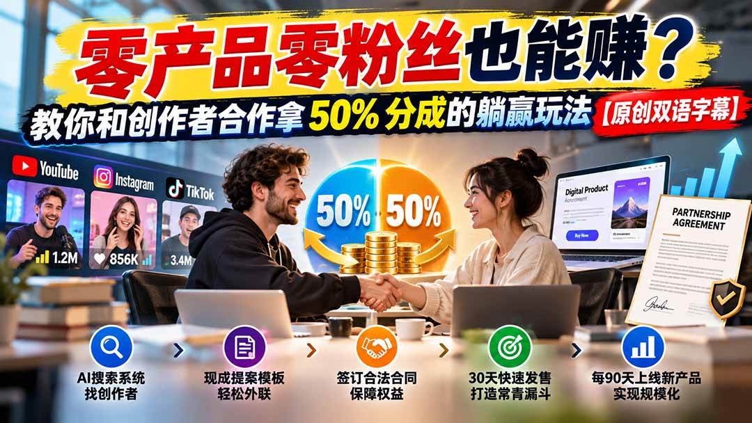 （20957期）零产品零粉丝也能赚？教你和创作者合作拿 50% 分成的躺赢玩法【原创双语字幕】-优优云网创