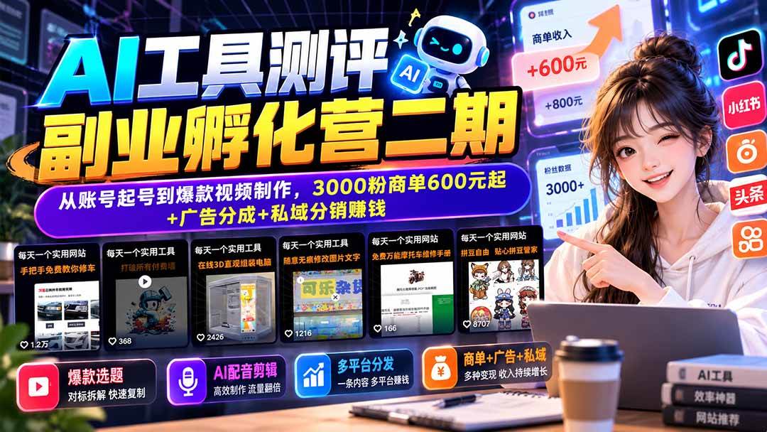 （20799期）AI工具测评副业孵化营二期：从账号起号到爆款视频制作，3000粉商单600元起+广告分成+私域分销赚钱-优优云网创