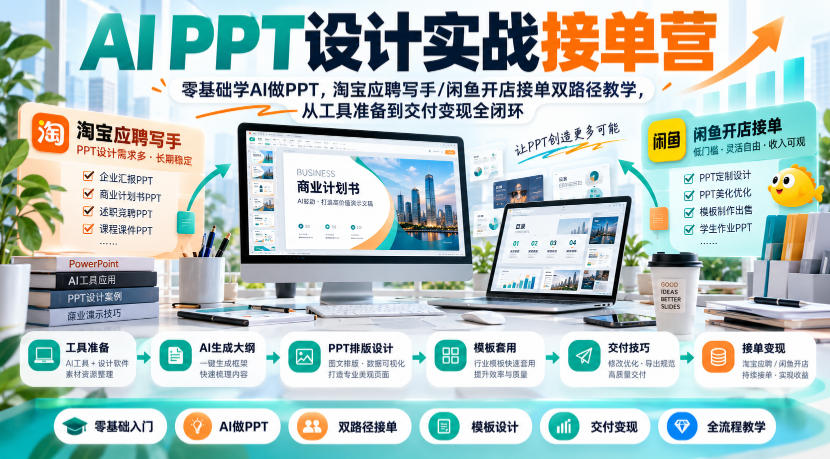 AI PPT设计实战接单营｜零基础学AI做PPT，淘宝应聘写手/闲鱼开店接单双路径教学，从工具准备到交付变现全闭环-优优云网创