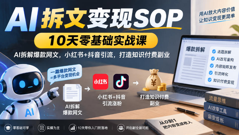 AI拆文变现SOP｜10天零基础实战课，AI拆解爆款网文，小红书+抖音引流，打造知识付费副业-优优云网创