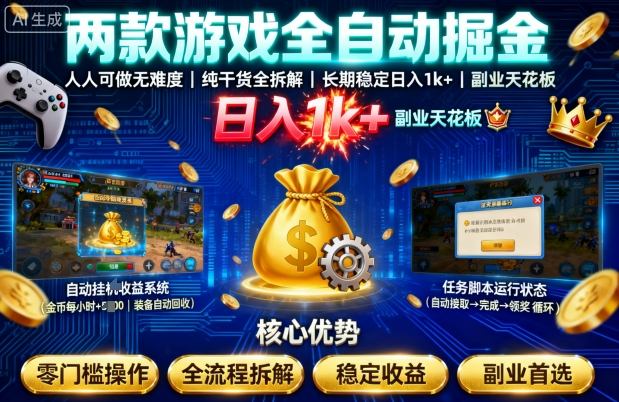 两款游戏全自动掘金，人人可做无难度，纯干货全拆解，长期稳定，日入1k+，副业天花板【揭秘】-优优云网创