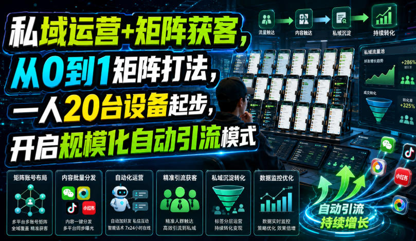 私域运营+矩阵获客，从0到1矩阵打法，一人20台设备起步，开启规模化自动引流模式！-优优云网创