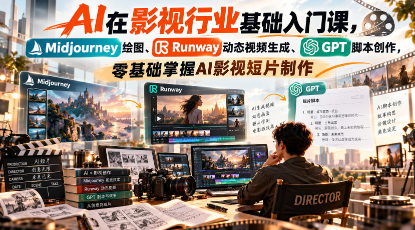 【无水印】AI在影视行业基础入门课，Midjourney绘图、Runway动态视频生成、GPT脚本创作，零基础掌握AI影视短片制作-优优云网创