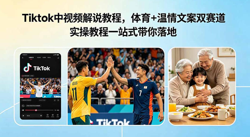 Tiktok中视频解说教程，体育+温情文案双赛道实操教程一站式带你落地，教你出海賺美刀-优优云网创