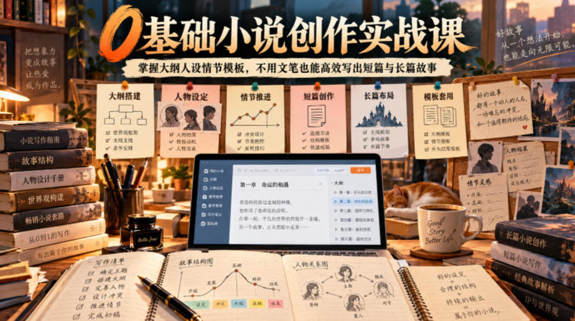 0基础小说创作实战课｜掌握大纲人设情节模板，不用文笔也能高效写出短篇与长篇故事-优优云网创