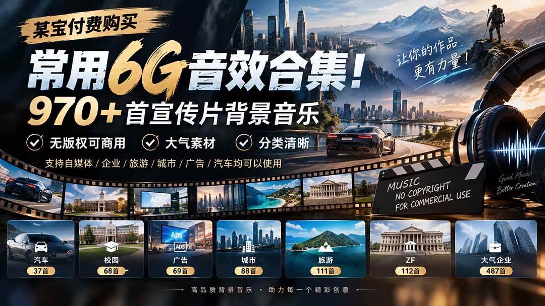 (20603期)某宝付费购买,常用6G音效合集!970+首宣传片背景音乐,无版权可商用大气素材,分类清晰-优优云网创