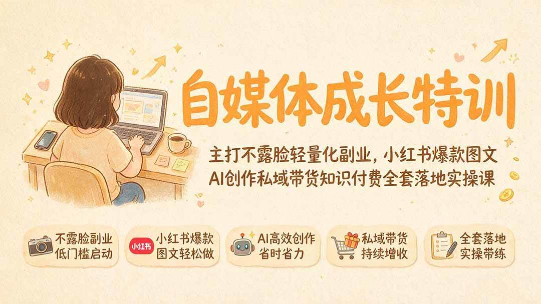 （19584期）自媒体成长特训｜主打不露脸轻量化副业，小红书爆款图文AI创作私域带货知识付费全套落地实操课-优优云网创