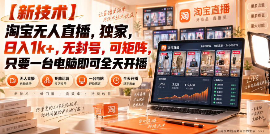 【独家新技术】淘宝无人直播，日入1k+，无封号，可矩阵，只要一台电脑即可全天开播【揭秘】-优优云网创
