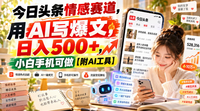 今日头条情感赛道，用AI写爆文，日入500+，小白手机可做【附AI工具】-优优云网创
