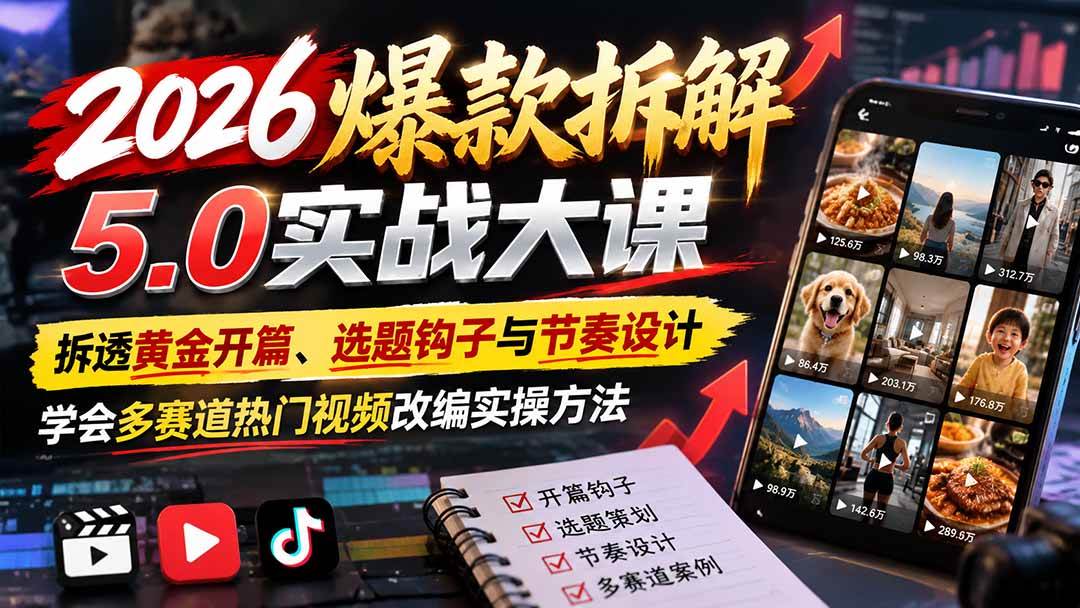 （21110期）2026爆款拆解5.0实战大课：拆透黄金开篇、选题钩子与节奏设计，学会多赛道热门视频改编实操方法-优优云网创