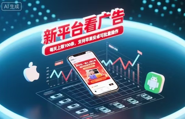 新台看广告，养好机一条5毛到5块，单机日入30到100，支持苹果安卓，可批量操作。-优优云网创