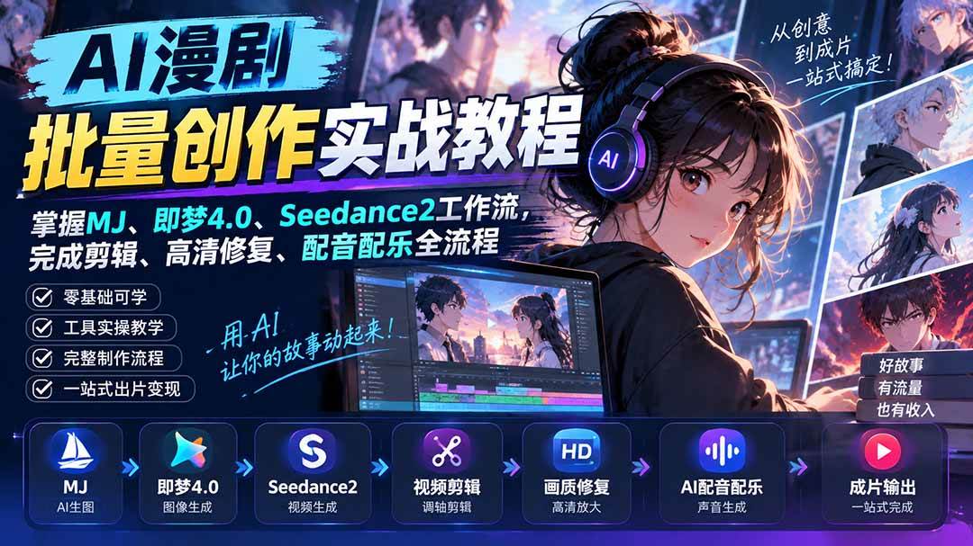 （20488期）AI漫剧批量创作实战教程：掌握MJ、即梦4.0、Seedance2工作流，完成剪辑、高清修复、配音配乐全流程-优优云网创