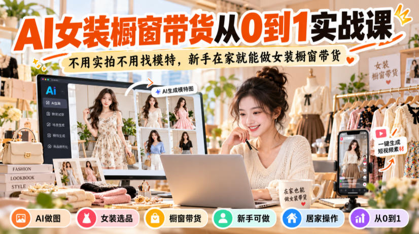 AI女装橱窗带货从0到1实战课，不用实拍不用找模特，新手在家就能做女装橱窗带货-优优云网创