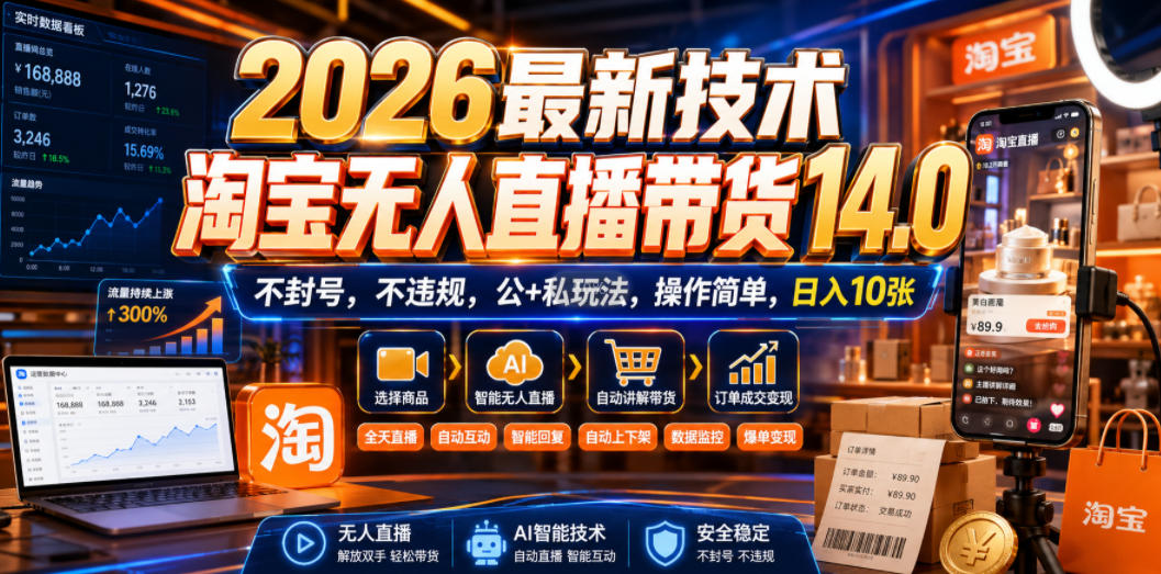 2026最新技术，淘宝无人直播带货14.0，不封号，不违规，公+私玩法，操作简单，日入10张【揭秘】-优优云网创
