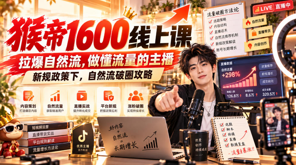 猴帝1600线上课，拉爆自然流，做懂流量的主播，新规政策下，自然流破圈攻略【更新260926】-优优云网创