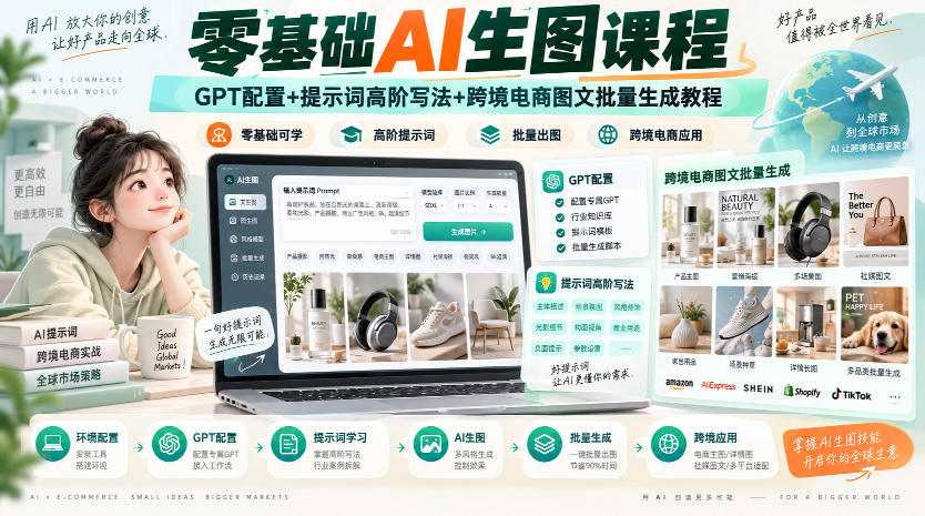 零基础AI生图课程，GPT配置+提示词高阶写法+跨境电商图文批量生成教程-优优云网创