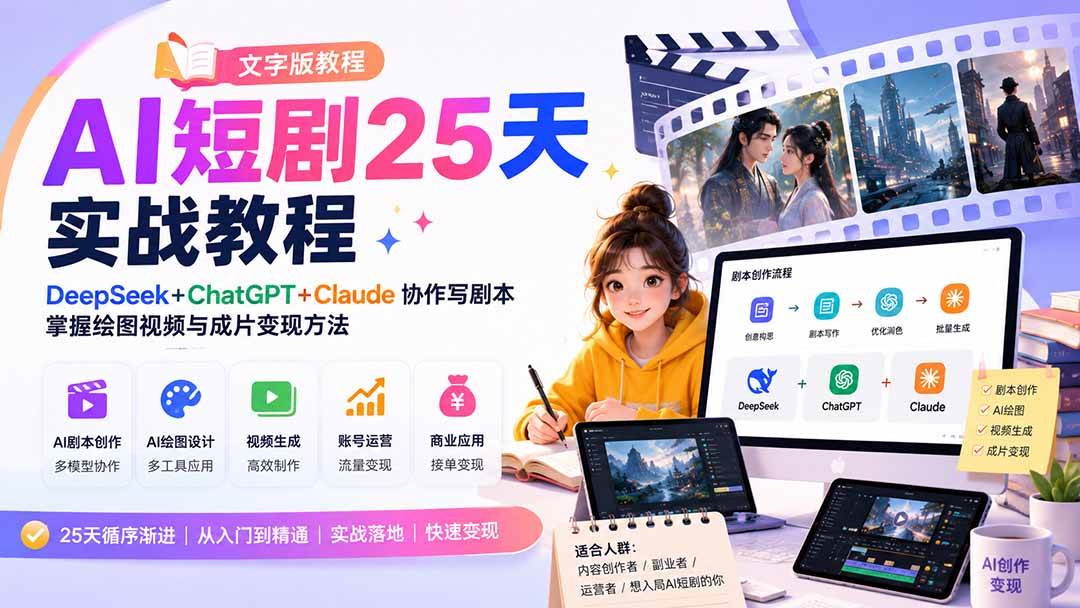 （20225期）AI短剧25天实战教程（文字版教程）：DeepSeek+ChatGPT+Claude协作写剧本，掌握绘图视频与成片变现方法-优优云网创