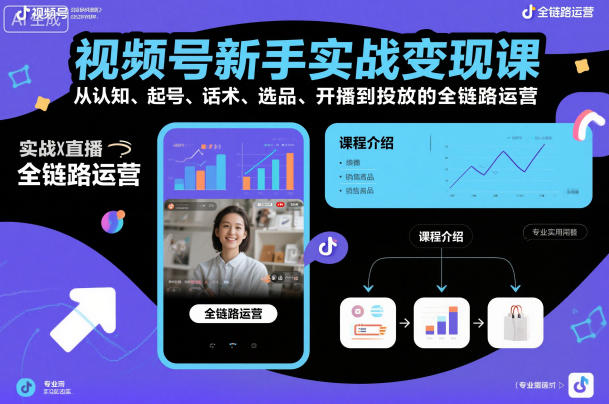 视频号新手实战变现课，从认知、起号、话术、选品、开播到投放的全链路运营-优优云网创