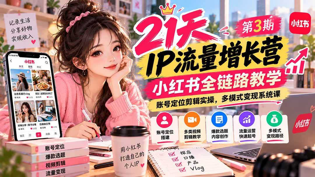 （20992期）【无水印】21天IP流量增长营-第3期，小红书全链路教学，账号定位剪辑实操，多模式变现系统课-优优云网创