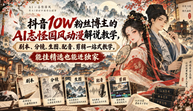 抖音10W粉丝博主的AI志怪国风动漫解说教学，剧本、分镜、生图、配音、剪辑一站式教学，能挂精选也能进独家-优优云网创