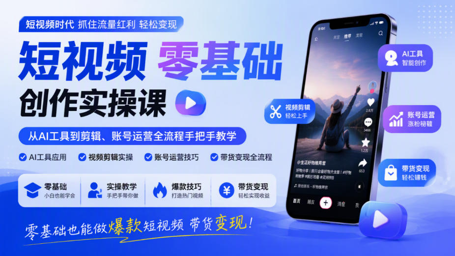 短视频零基础创作实操课，从AI工具到剪辑、账号运营全流程手把手教学，零基础也能做爆款短视频带货变现-优优云网创