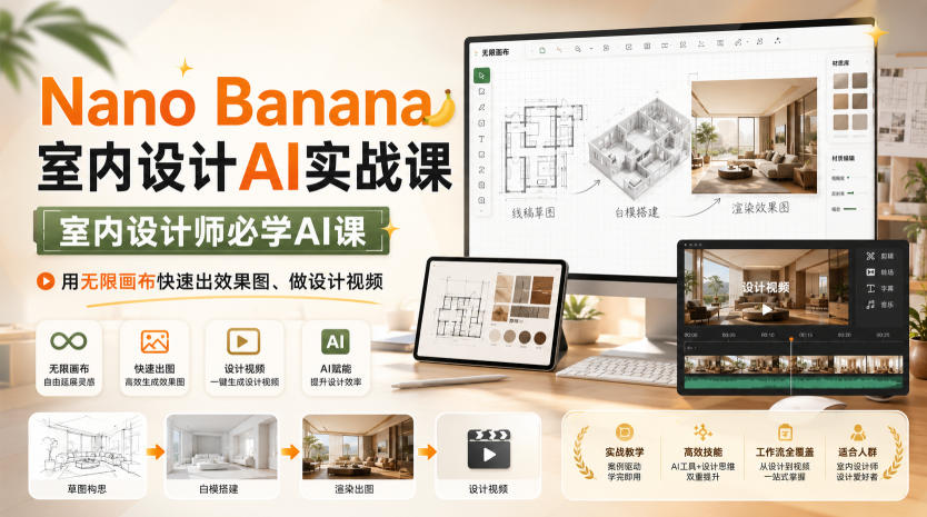 Nano Banana室内设计AI实战课，室内设计师必学AI课，用无限画布快速出效果图、做设计视频-优优云网创