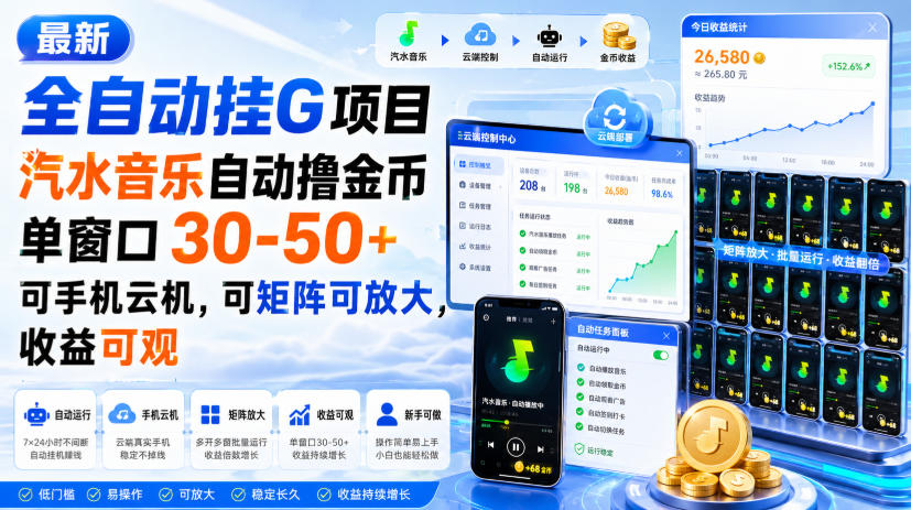 最新全自动挂G项目，汽水音乐自动撸金币单窗口30-50+，可手机云机，可矩阵可放大，收益可观-优优云网创