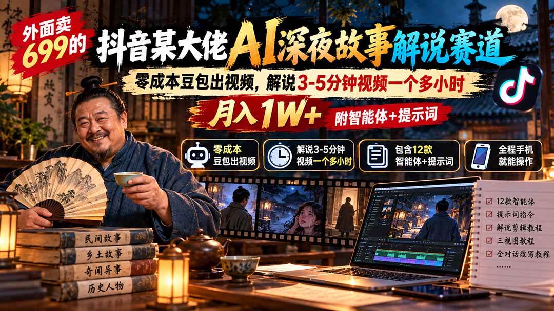 (20648期)外面卖699的抖音某大佬AI深夜故事解说赛道:零成本豆包出视频,解说3-5分钟视频一个多小时,月入1W+附智能体+提示词-优优云网创