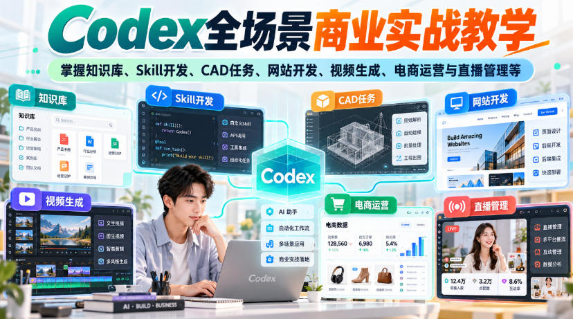 【无水印】Codex全场景商业实战教学，掌握知识库、Skill开发、CAD任务、网站开发、视频生成、电商运营与直播管理等-优优云网创