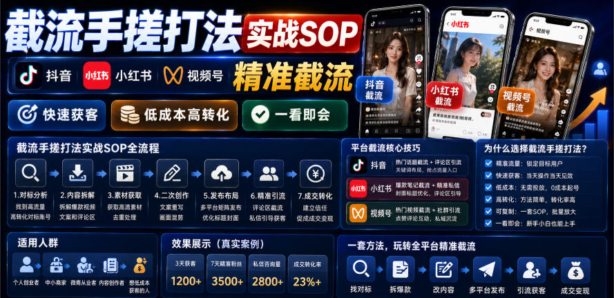 截流手搓打法实战SOP，抖音小红书视频号精准截流，快速获客，低成本高转化，一看即会-优优云网创