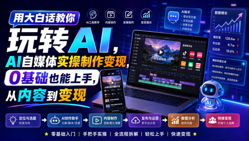 用大白话教你玩转AI，AI自媒体实操制作变现，0基础也能上手，从内容到变现-优优云网创