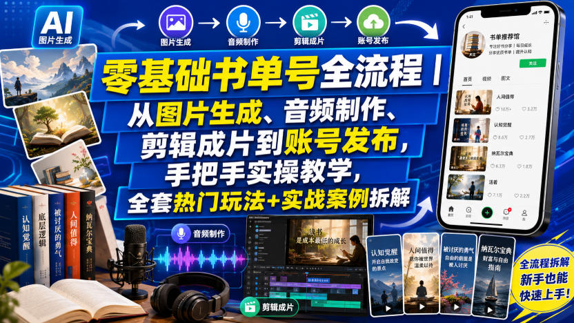 零基础书单号全流程｜从图片生成、音频制作、剪辑成片到账号发布，手把手实操教学，全套热门玩法+实战案例拆解-优优云网创